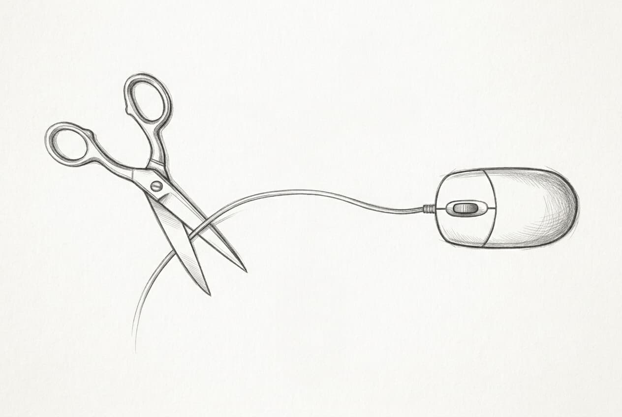 Line illustration of scissors cutting the cord of a computer mouse