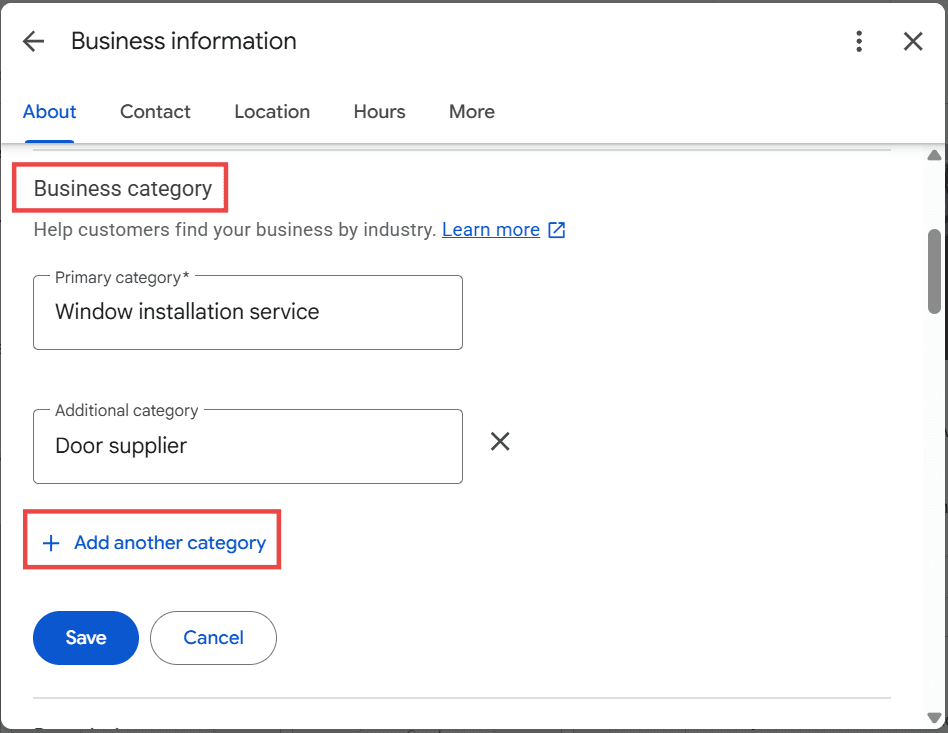 Google Business Profile category screen showing primary and additional category fields