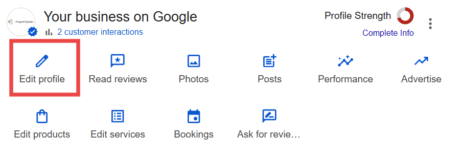 Google Business Profile dashboard with the Edit profile button highlighted