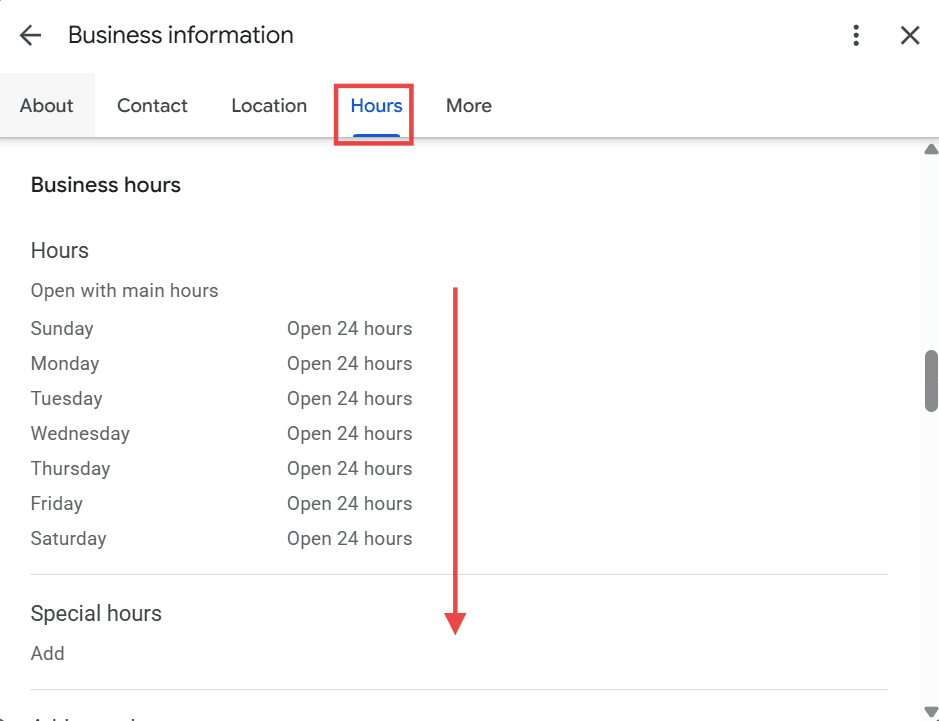Google Business Profile hours screen showing regular hours and the special hours section