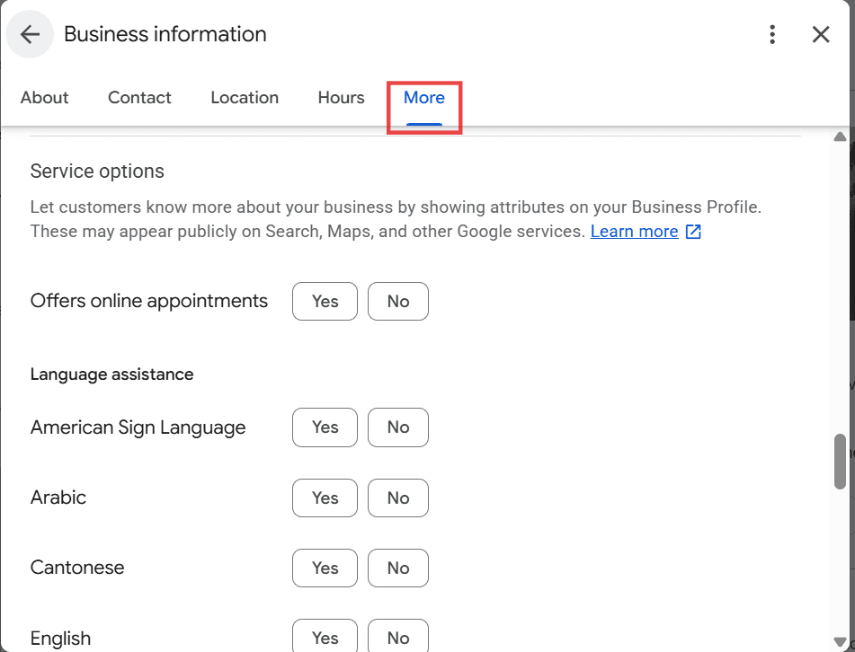 Google Business Profile Service options screen under the More tab showing accessibility and language attributes