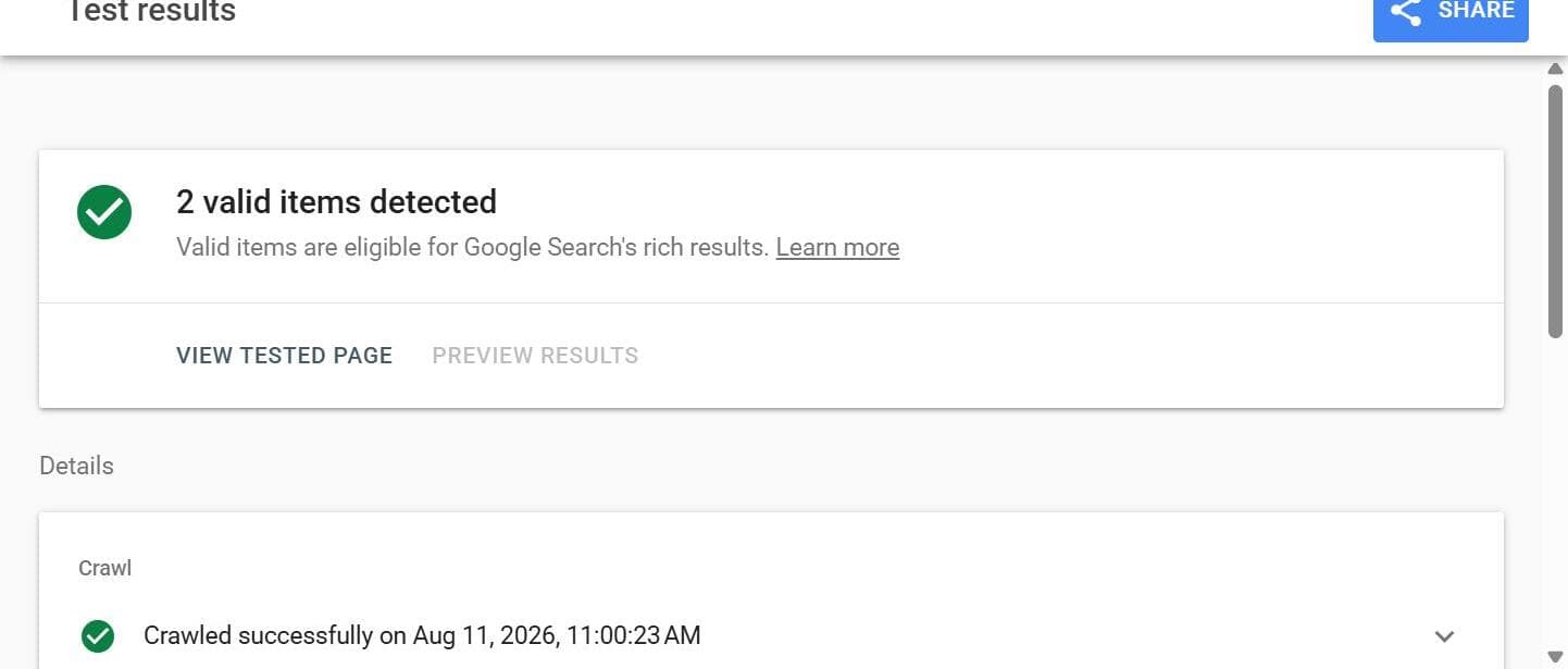 Google Rich Results Test showing two valid structured data items detected